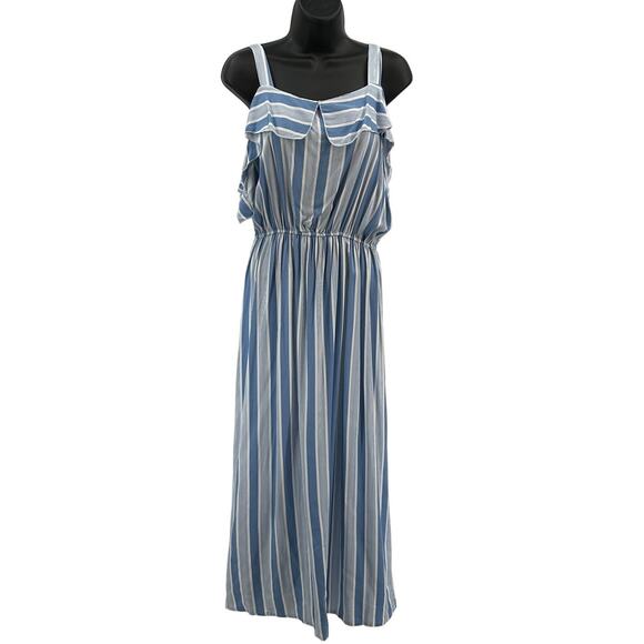 Seven Island Maxi Dress M Blue White Stripe Cold Shoulder Elastic Waist Pullover - Picture 1 of 8